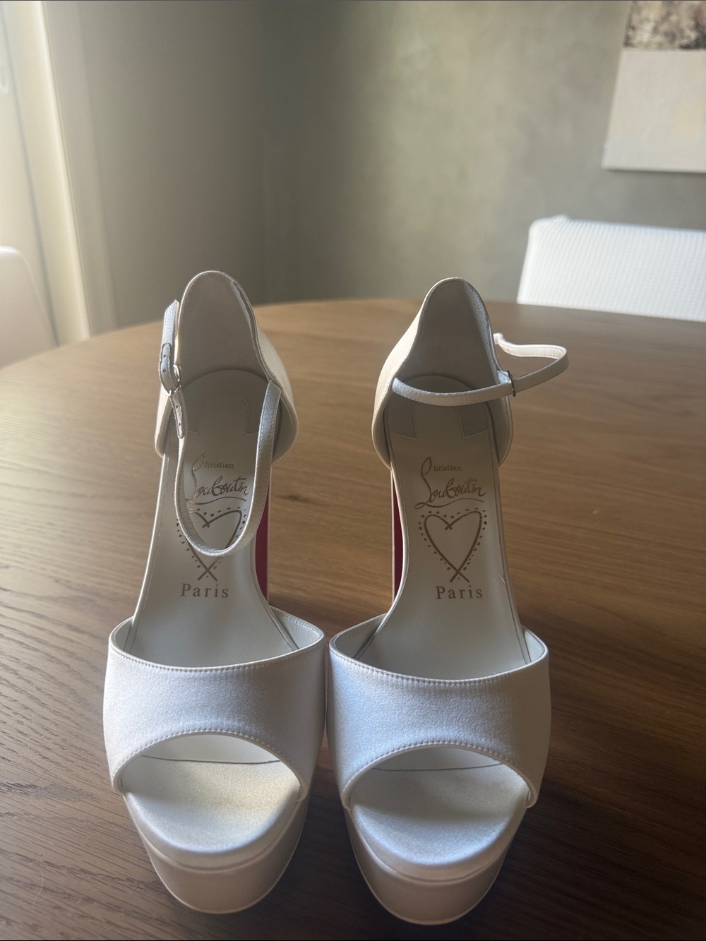 Christian Louboutin Ivory Satin Platform Peep-Toe Sandals with Ankle Strap